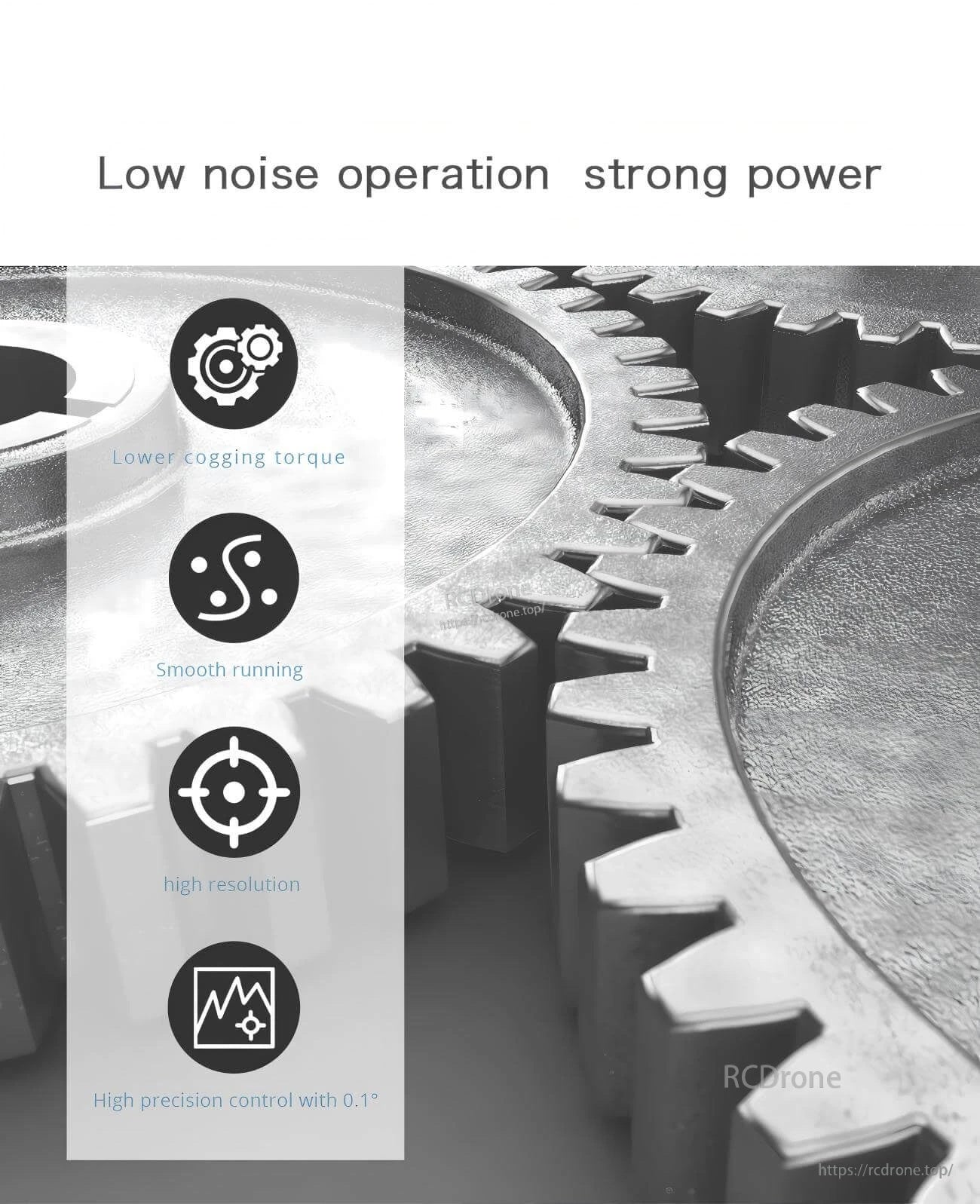 Graphic highlighting low-noise operation, smooth running and high-resolution control for the AK80-6 module