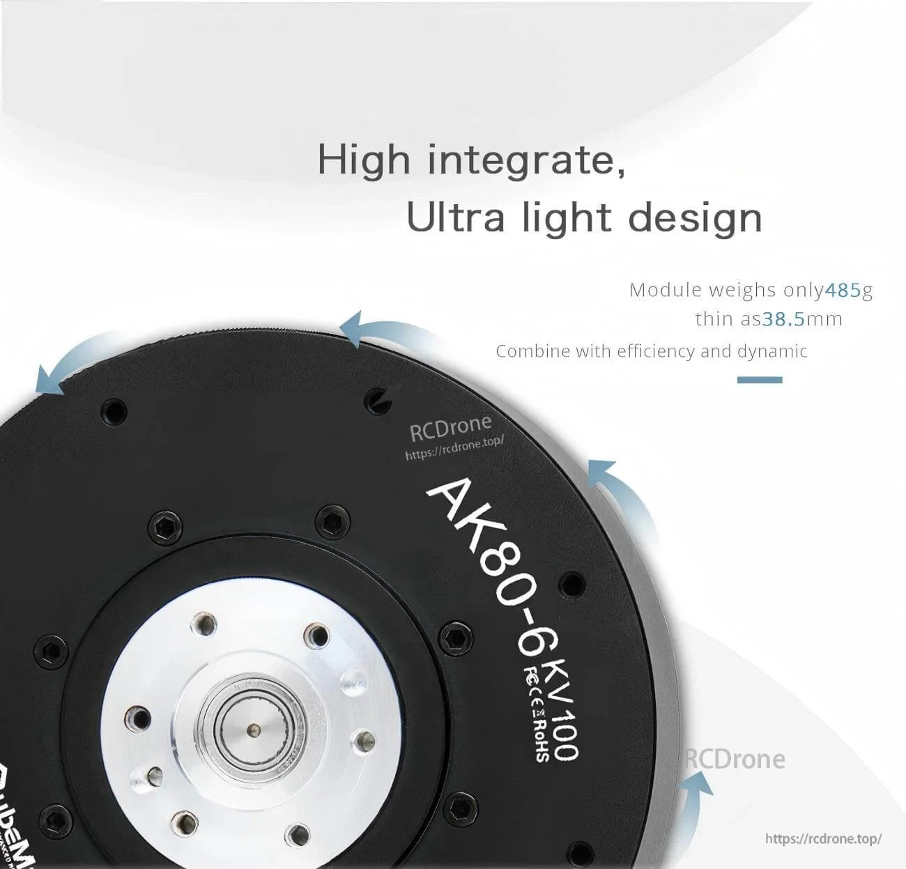 Close-up of AK80-6 KV100 module highlighting ultra-light, thin integrated design (485 g, 38.5 mm)