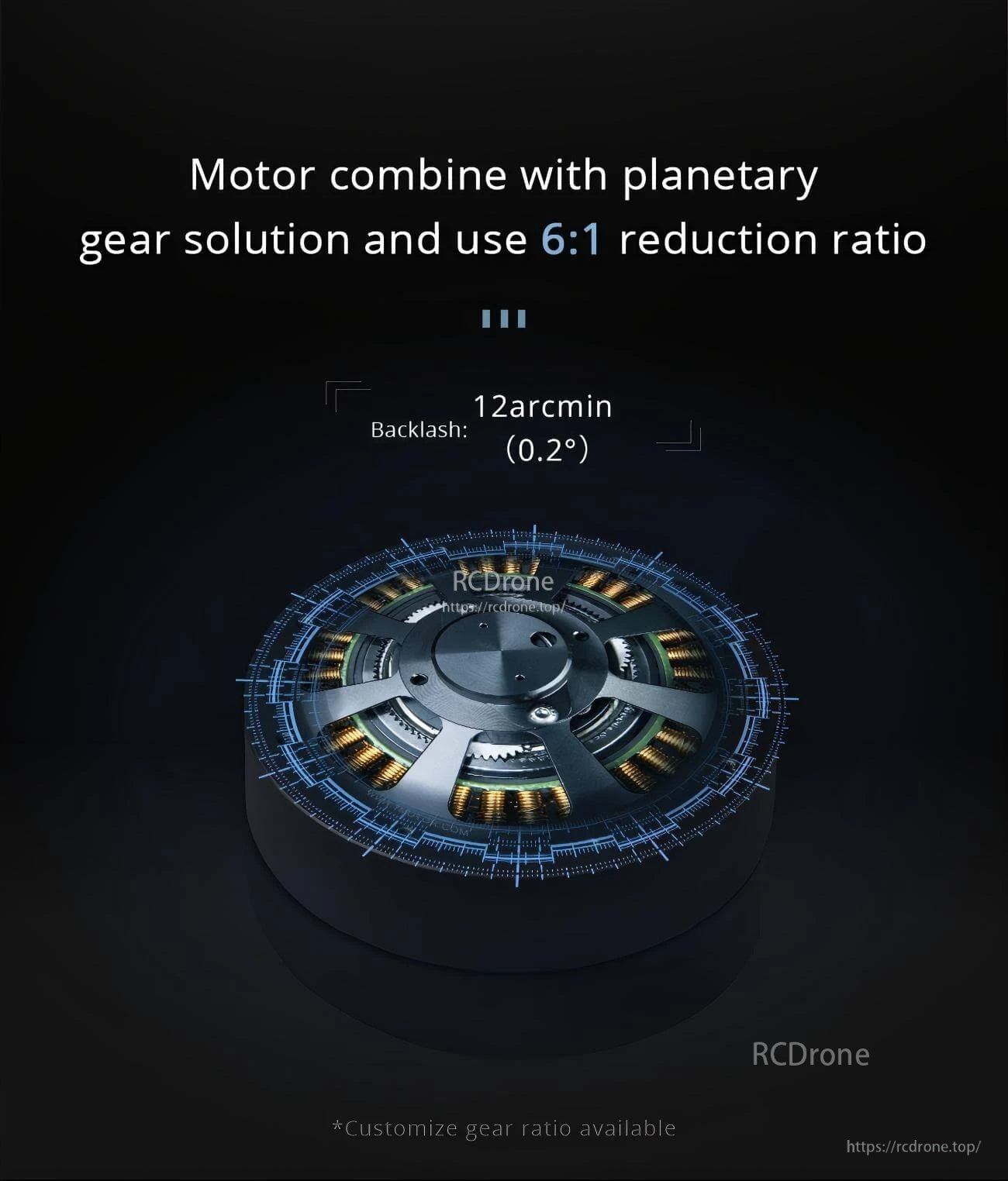 Planetary gear internal view graphic with 6:1 reduction ratio and 12 arcmin (0.2°) backlash callout