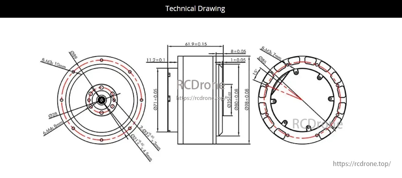 Technical drawing of CubeMars AK80 Robot with dimensions and specifications.