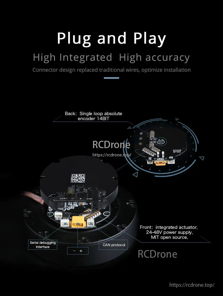 CubeMars AK80 Robot, A high-integrated, accurate robot module with plug-and-play features, single-loop encoder, integrated actuator, 24-48V power, CAN protocol, and serial debugging.