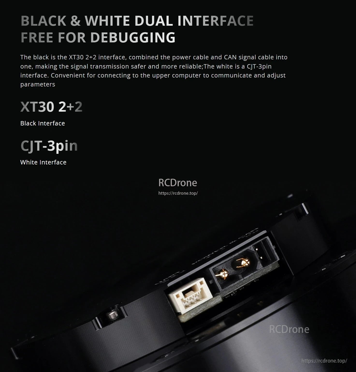 CubeMars AK80 Robotic Actuator, Black XT30 interface ensures reliable power and CAN signal transmission; white CJT-3pin connects to upper computer for communication and parameter adjustment.