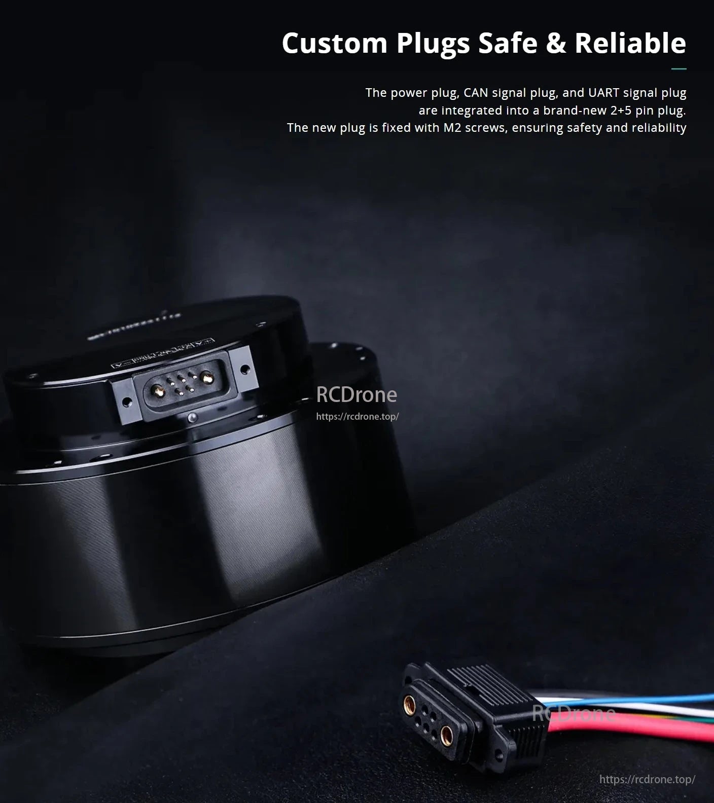 CubeMars AKA10-9 Robotic Actuator, Custom plugs combine power, CAN, and UART signals in a 2+5 pin design, secured with M2 screws for safety and reliability.