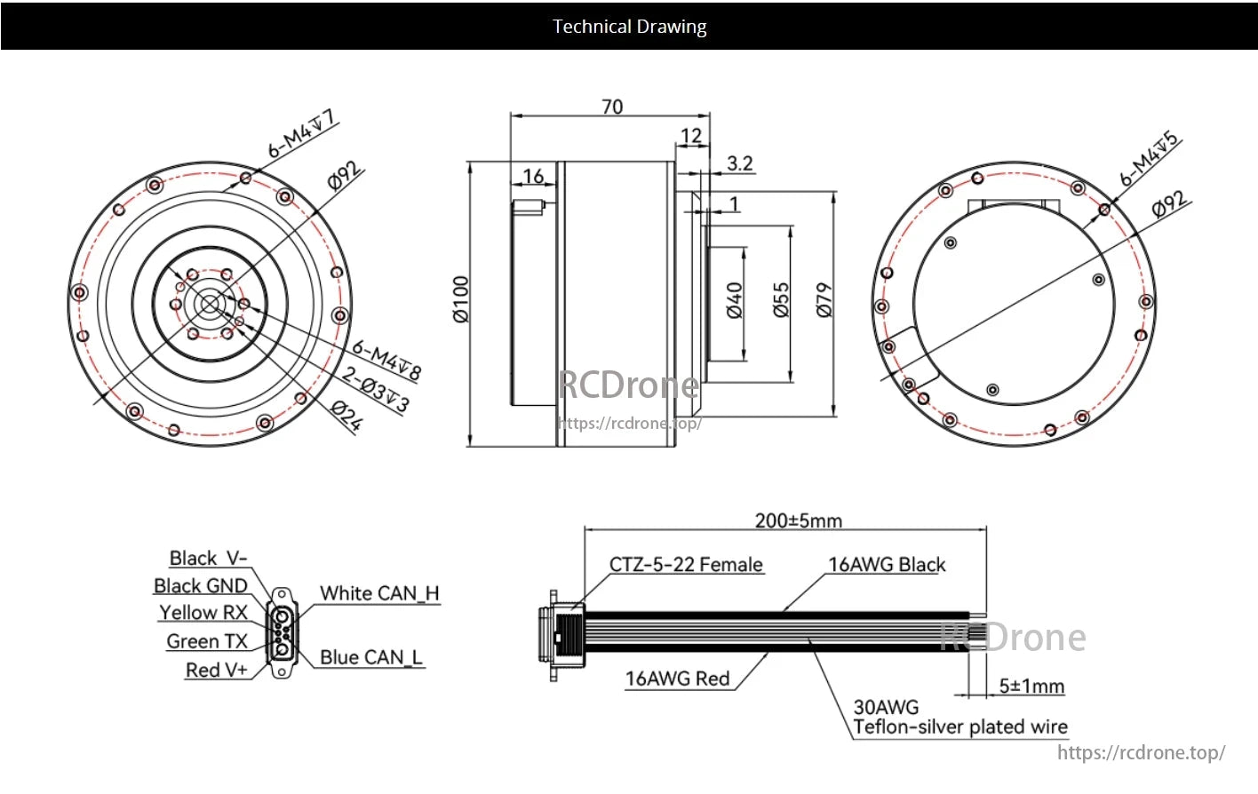 CubeMars AKA10-9 Robotic Actuator, CubeMars AKA10-9 Actuator: 100x70mm, 6-M4 screws, CTZ-5-22 connector, 16AWG/30AWG wires, CAN_H/L, RX/TX pins.