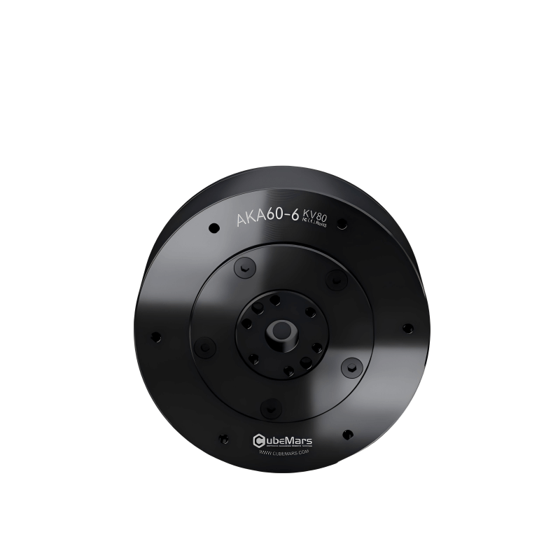 CubeMars AKA60-6 KV80 motor with 6:1 reduction, front face with mounting holes and center shaft