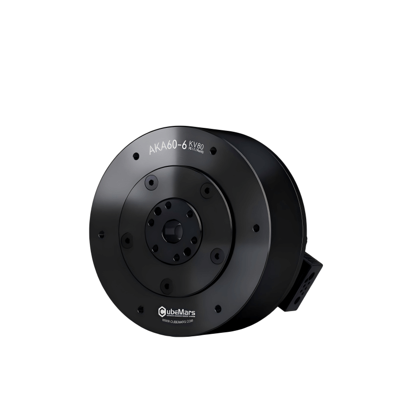 Angled view of CubeMars AKA60-6 KV80 6:1 geared motor showing housing depth and side mounting bracket