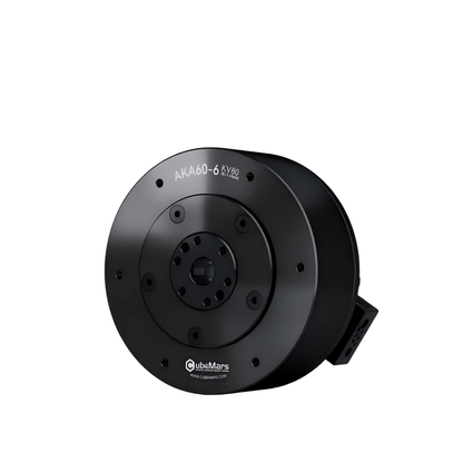 Angled view of CubeMars AKA60-6 KV80 6:1 geared motor showing housing depth and side mounting bracket