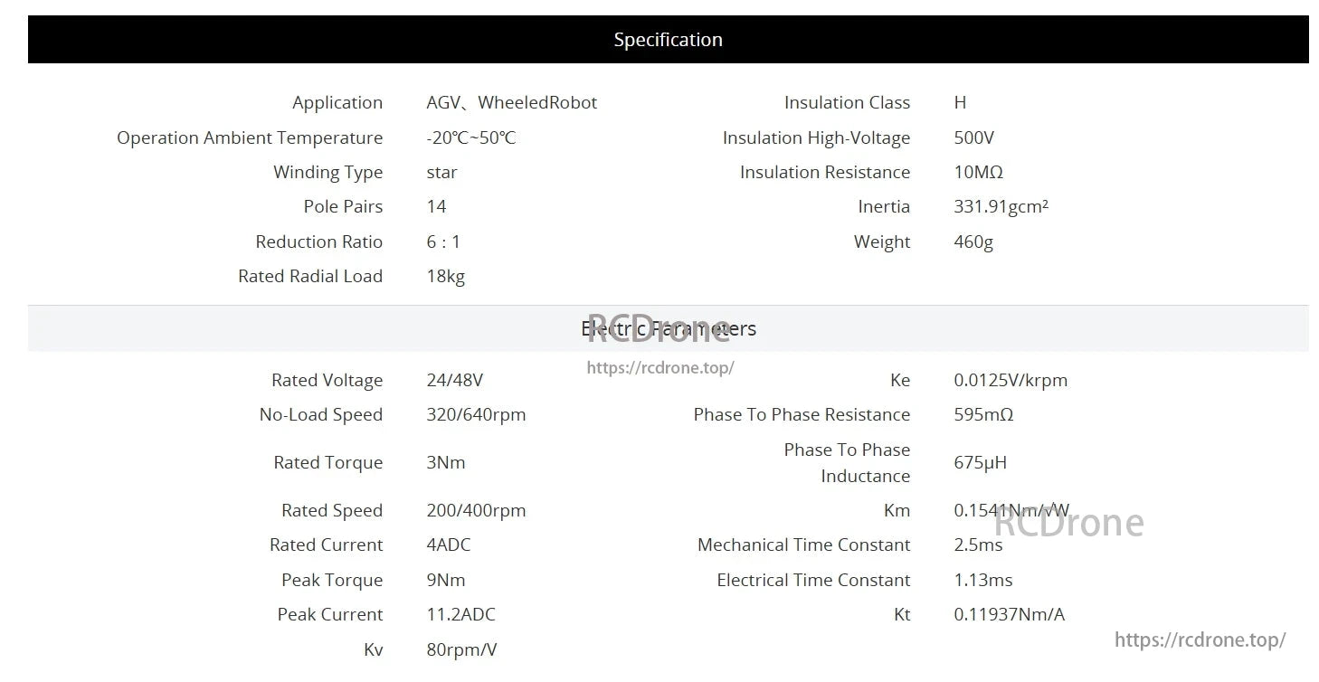 CubeMars AKA60-6 robotic actuator for AGVs/wheeled robots operates from -20°C to 50°C, offering 3Nm torque, 24/48V voltage, 6:1 reduction, 14 pole pairs, and 460g weight.