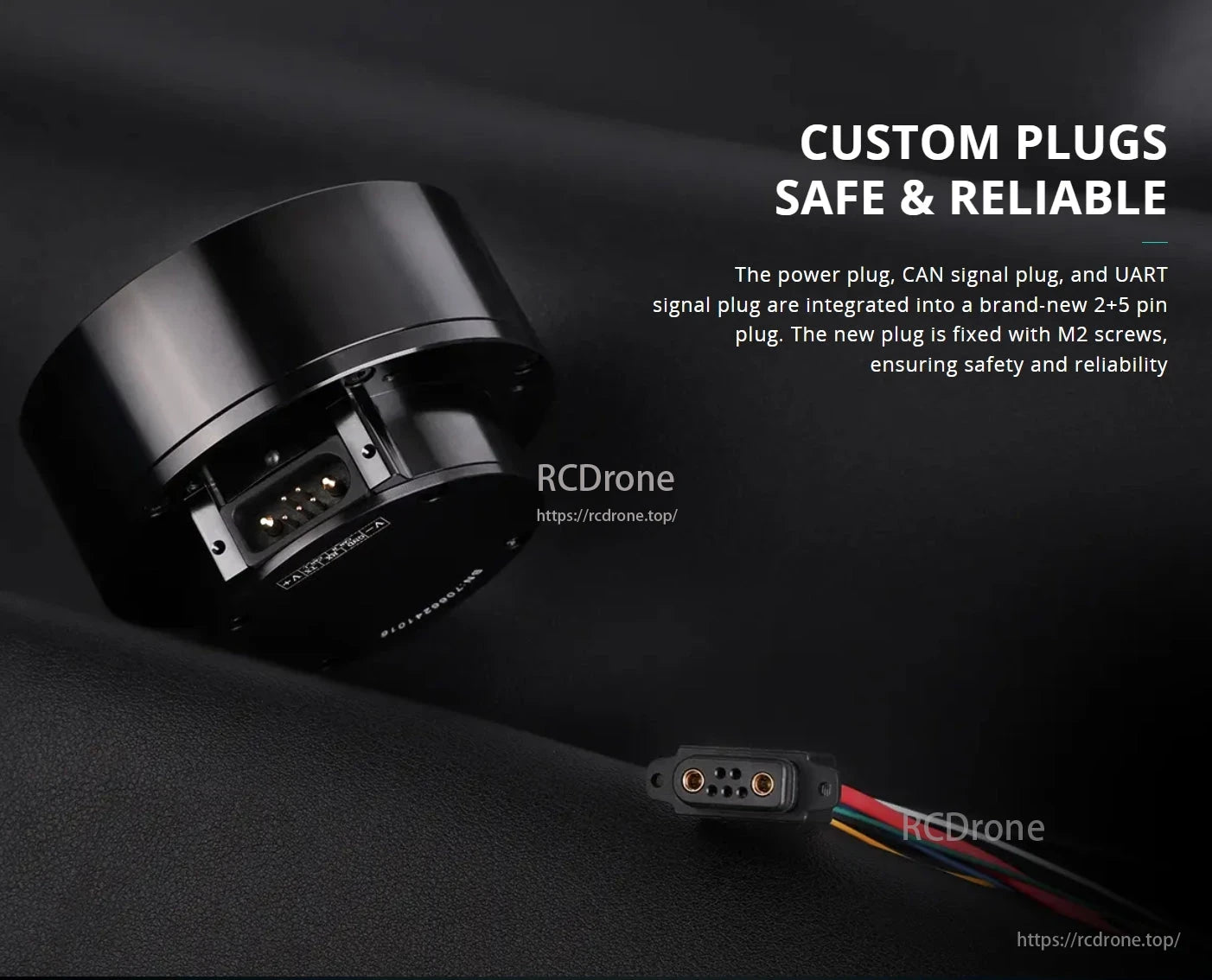 CubeMars AKA60-6 Robotic Actuator, Custom plugs combine power, CAN, and UART signals in a 2+5 pin design, secured with M2 screws for safety and reliability.