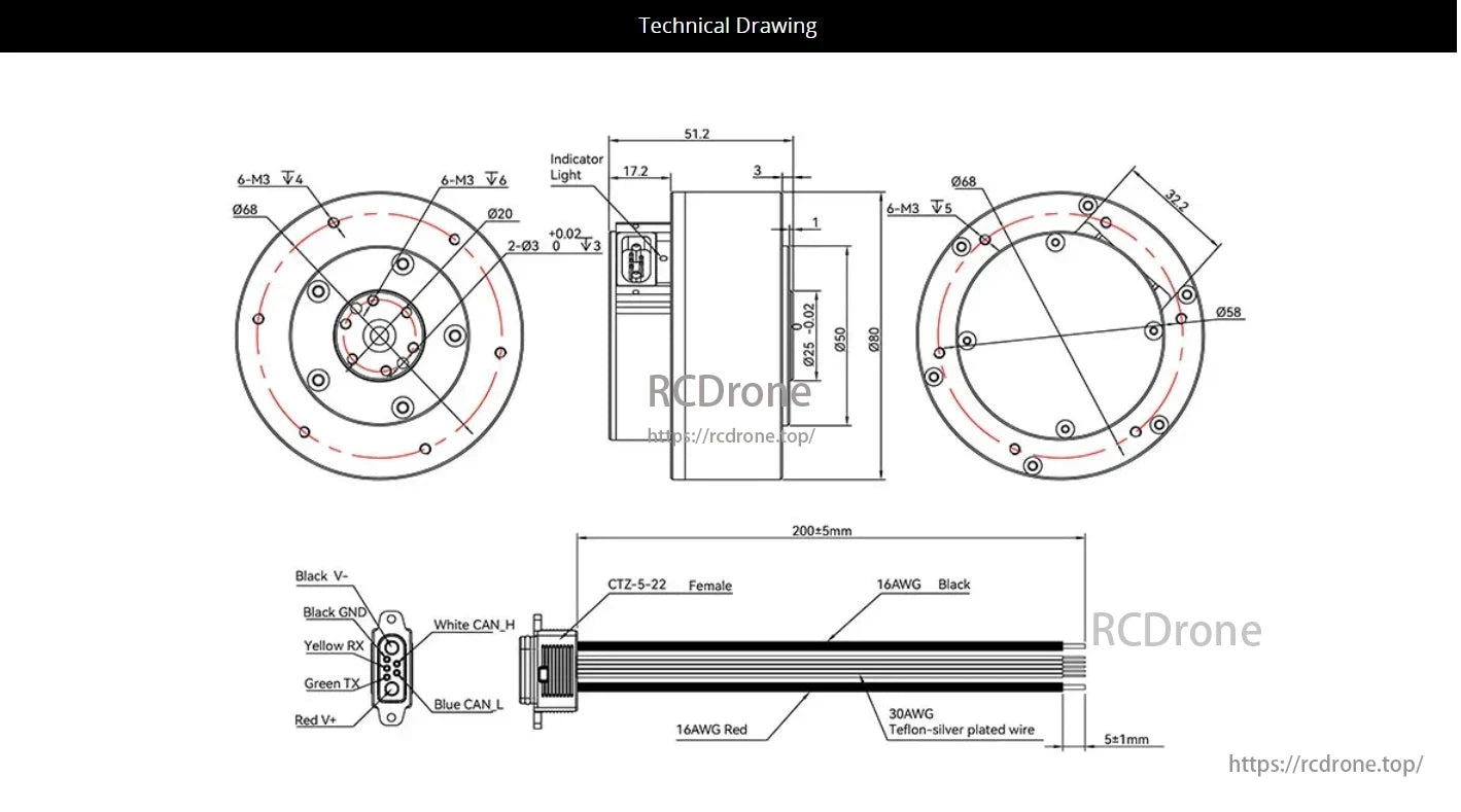 The CubeMars AKA60-6 robotic actuator features a compact 51.2 x 80 mm design, six M3 mounting holes, indicator light, various ports, and a 200 ± 5 mm cable with 16AWG Red/Black and 30AWG Teflon-silver plated wires, ensuring precise integration into robotic systems with reliable performance and easy assembly.