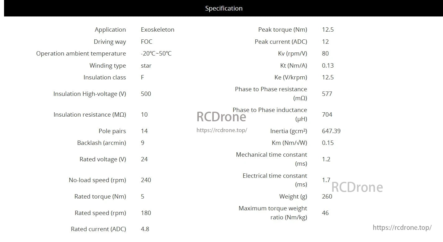 CubeMars AKE60 robotic actuator for exoskeletons: 12.5 Nm peak torque, 24V, 180 rpm, 5 Nm rated torque, 260g, 46 Nm/kg torque/weight ratio, operates from -20°C to 50°C.