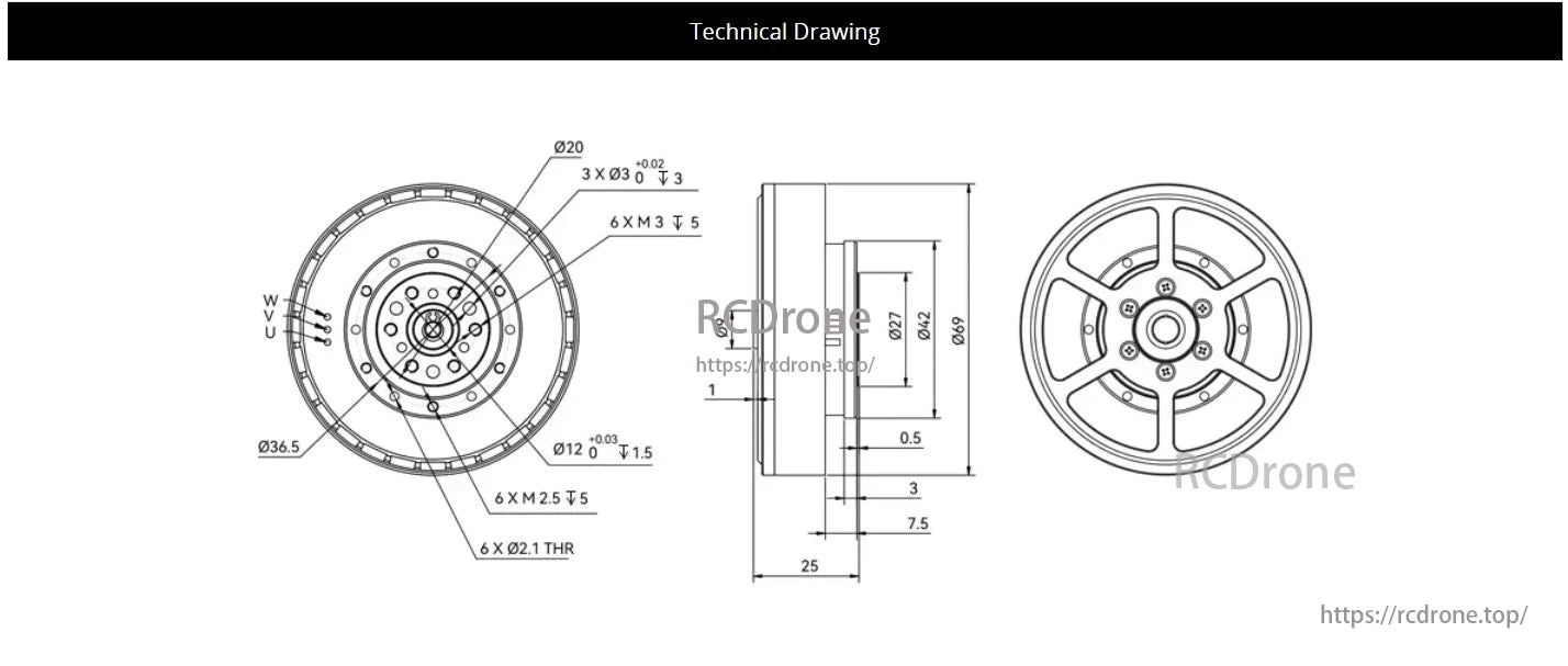 CubeMars AKE60 Robotic Actuator, CubeMars AKE60 actuator technical drawing shows dimensions like Ø36.5, Ø20, and hole specs for assembly.
