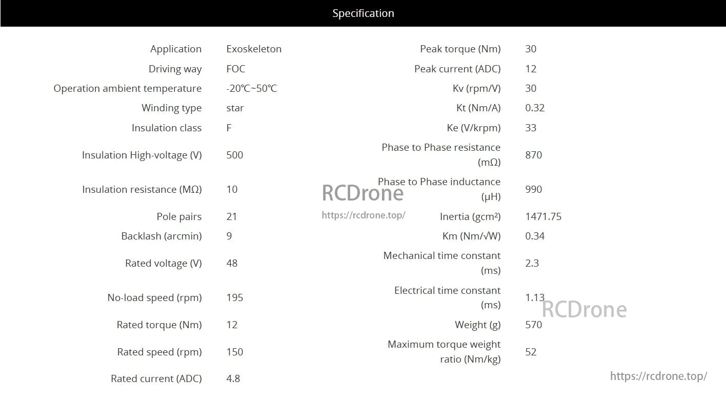 CubeMars AKE80-8 robotic actuator for exoskeletons: 30 Nm torque, 48V, 150 rpm, 570g, -20°C to 50°C, F-class insulation.