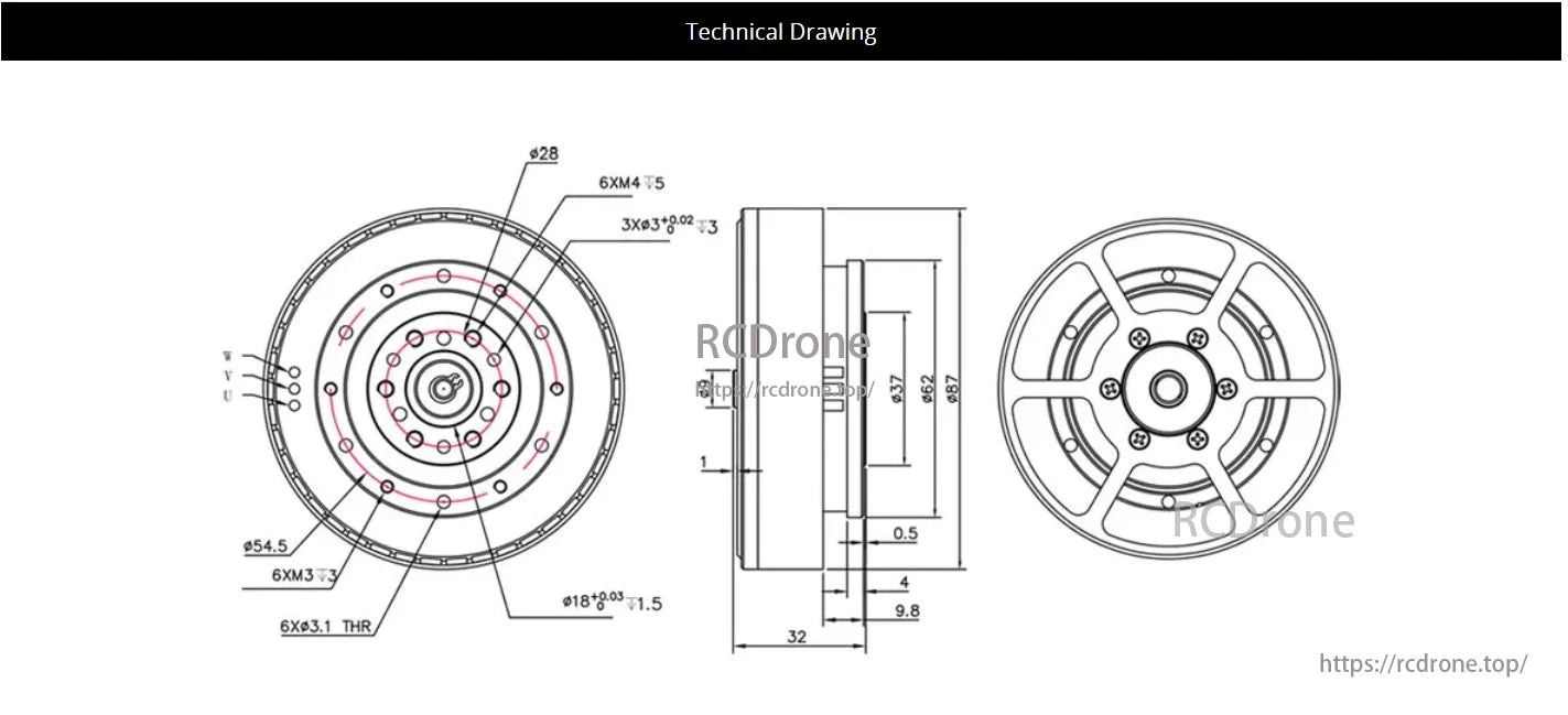 CubeMars AKE80-8 Robotic Actuator has dimensions Ø54.5, Ø62, Ø87, 32mm length, with various bolt specifications.