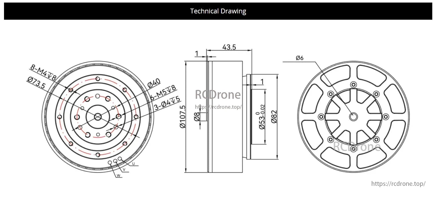 CubeMars AKE90 RV Actuator technical drawing with dimensions Ø107.5, Ø82, Ø53-0.02, 43.5. Features 8-M4, 6-M5, 3-Ø4 holes; labeled U, V, W.