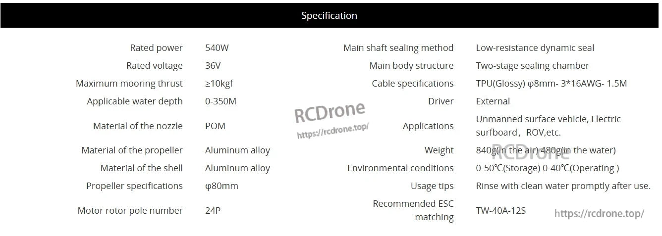 CubeMars DW10 ROV Propulsion, CubeMars DW10 ROV motor: 540W, 36V, ≥10kgf thrust, 0-350M depth. Aluminum alloy and POM. For ROVs, drones, surfboards. 840g (air), 480g (water).