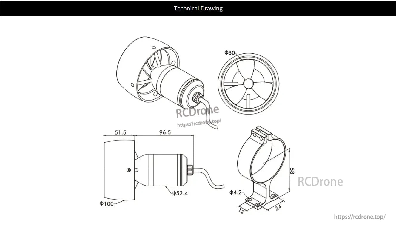 CubeMars DW10 ROV Propulsion, This underwater motor drives ROVs, USVs, electric surfboards, and other unmanned platforms, with rated power 540W and voltage 36V.