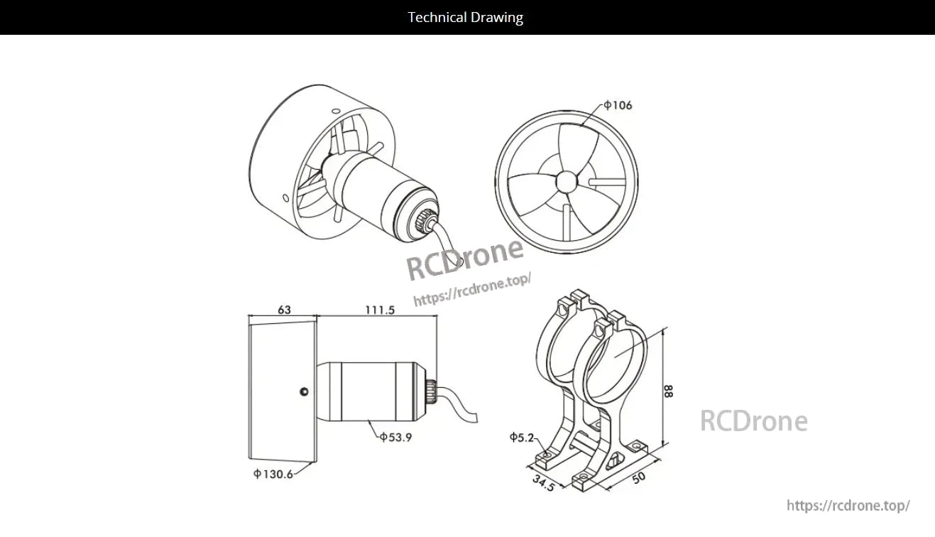 The CubeMars DW15 Underwater Thruster has dimensions of 130.6 x 111.5 mm, a fan diameter of 106 mm, and a mounting height of 88 mm.
