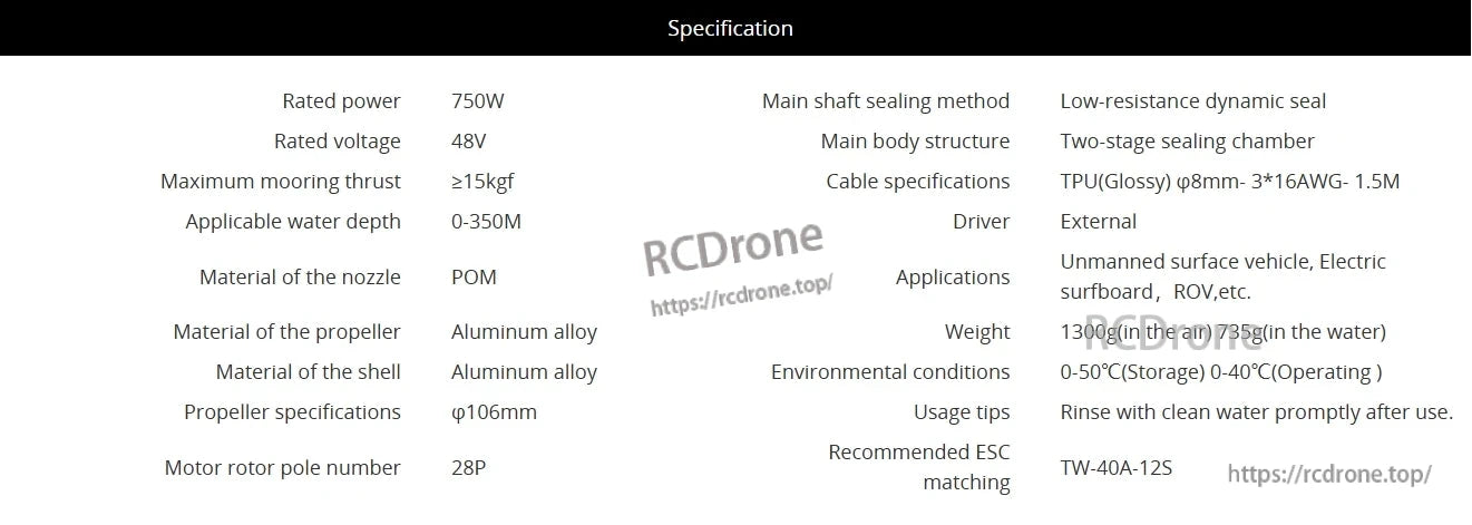 The CubeMars DW15 underwater thruster delivers 750W power, 48V voltage, and ≥15kgf thrust, operating up to 350M depth. It features an aluminum alloy propeller and shell, POM nozzle, and weighs 1300g in air, 735g in water. Suitable for USVs, electric surfboards, and ROVs.