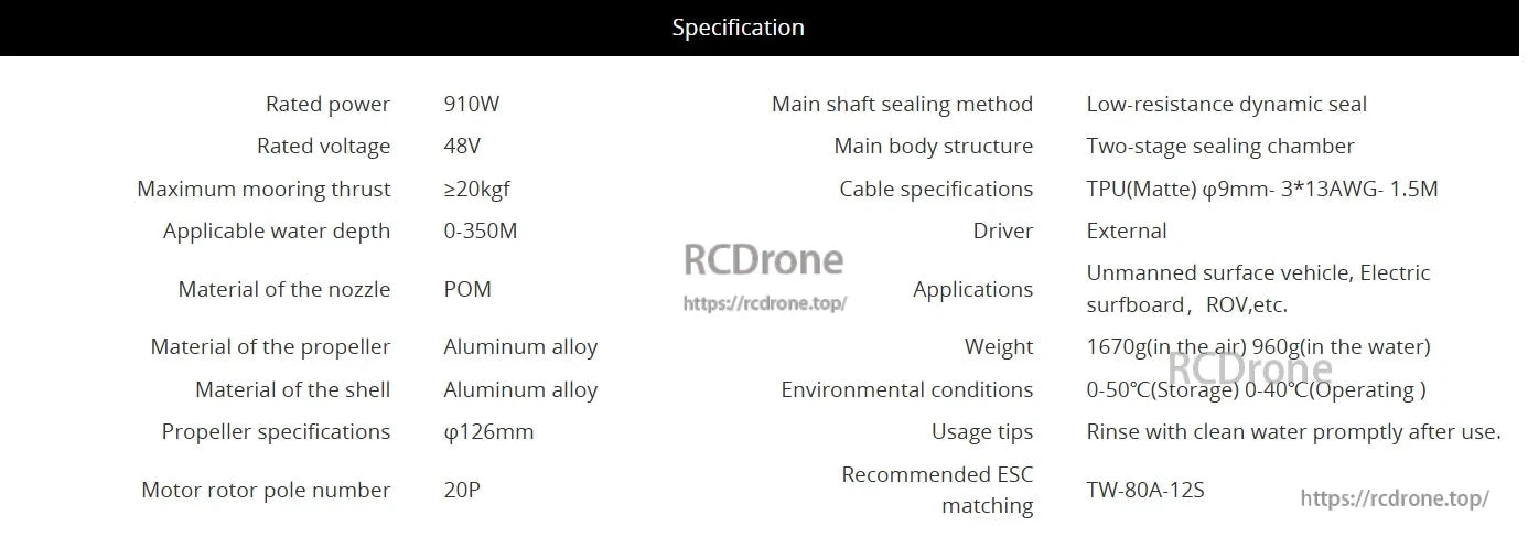 CubeMars DW20 Underwater Thruster, CubeMars DW20: 910W, 48V, ≥20kgf thrust, 0-350M depth. Aluminum alloy parts, POM nozzle. For USVs, e-surfboards, ROVs. 1670g (air), 960g (water). 0-40°C operation.