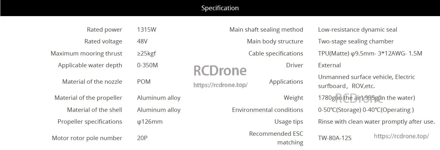 CubeMars DW25 Underwater Thruster, CubeMars DW25: 1315W, 48V, ≥25kgf thrust, 0-350m depth. POM nozzle, aluminum propeller/shell. For USVs, electric surfboards, ROVs. 1780g (air), 995g (water). Uses TW-80A-12S ESC.