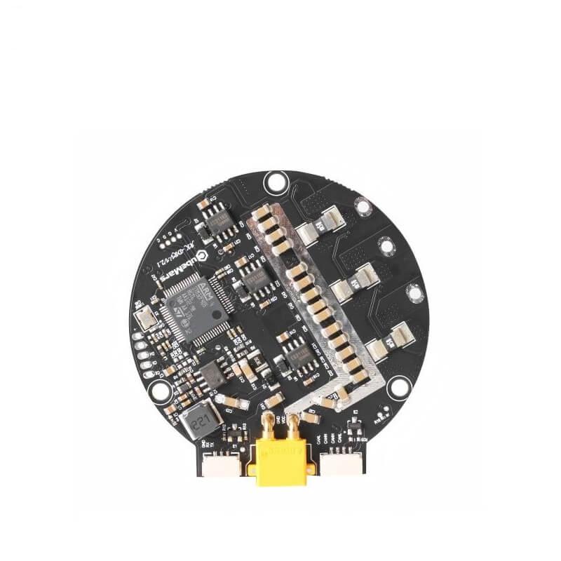 CubeMars Driver Board V2.1 BLDC motor driver board, top view with yellow power plug and CAN connectors