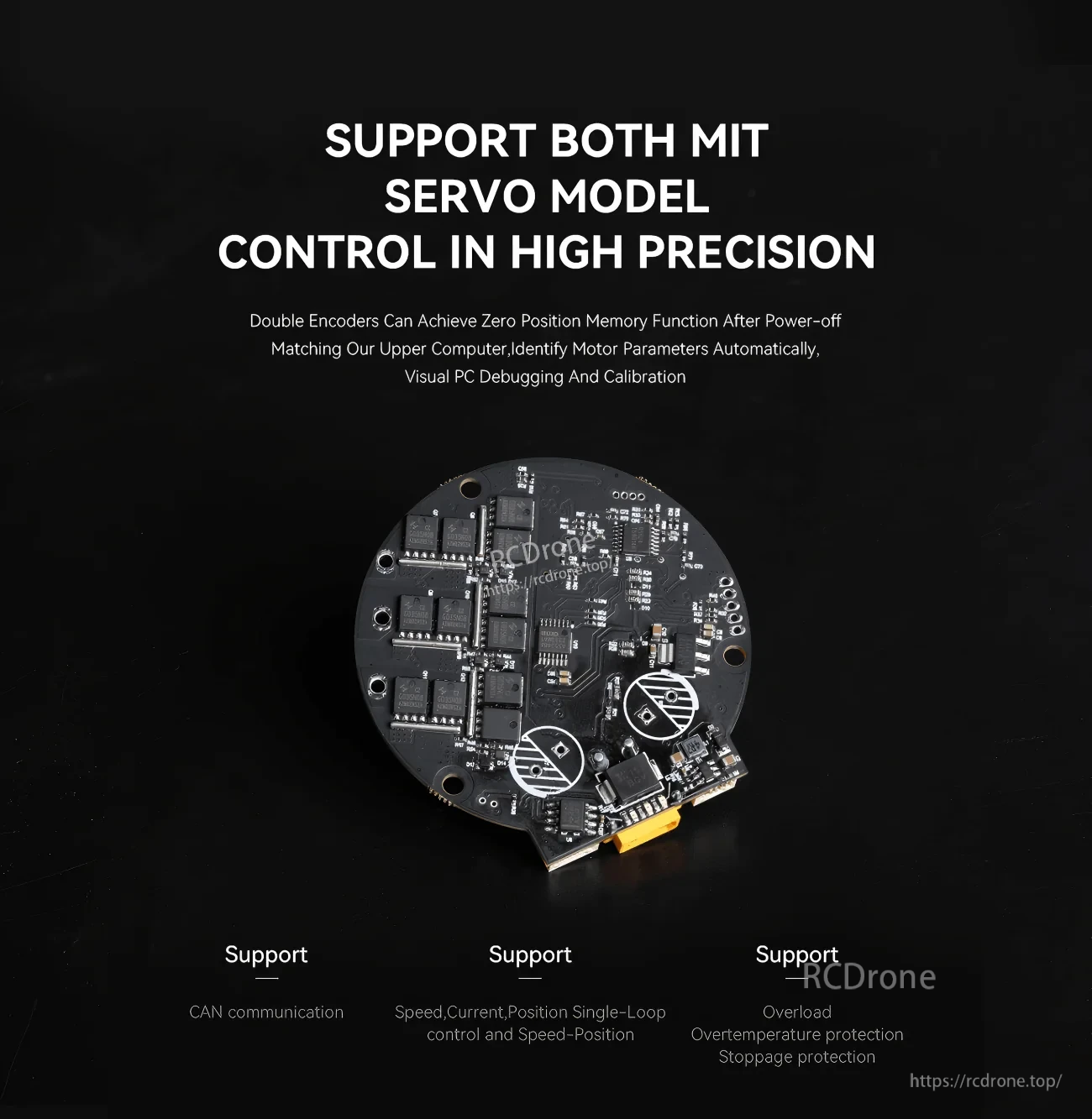 Rear view of the AK-series brushless driver board highlighting MIT/servo control support, CAN communication, and protection features