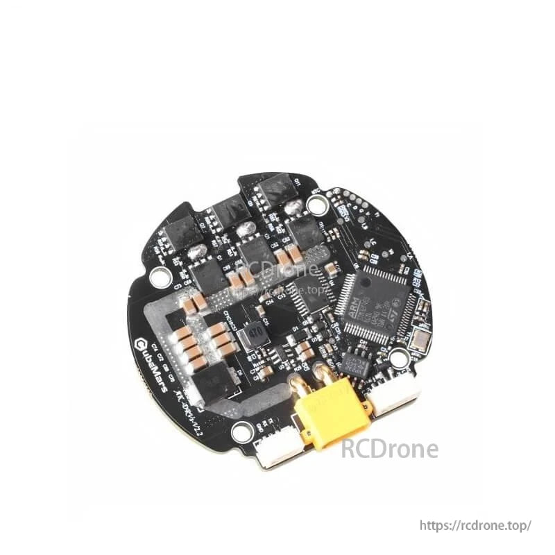 Angled rear view showing yellow power connector, controller chip, and mounting holes on PCB