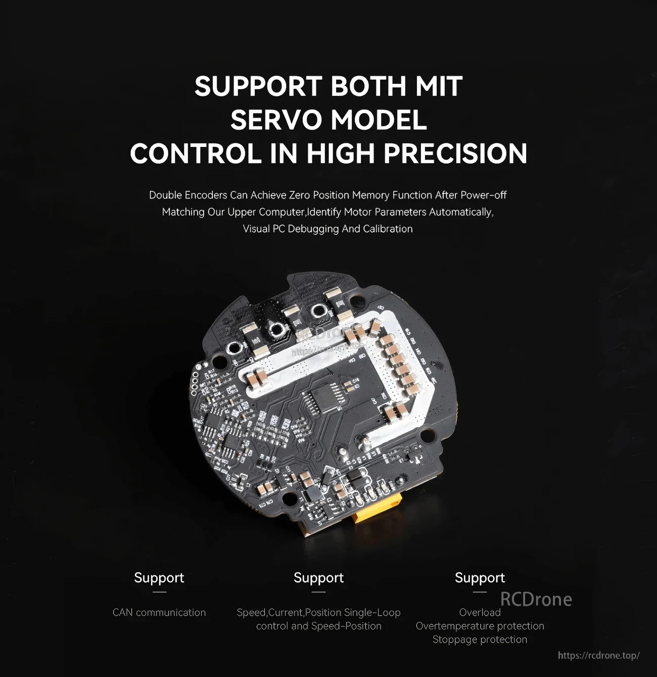 Back view of CubeMars Driver Board V2.2 highlighting MIT servo mode support, CAN communication, and protection features