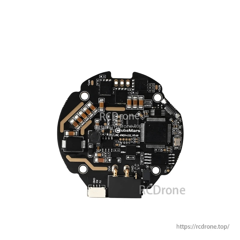 Top view of controller PCB with edge connector, test pads, and labeled mounting points around the board