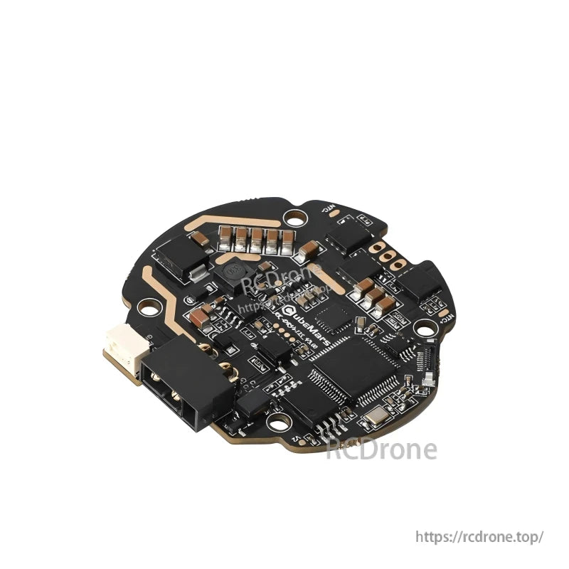 Angled top view showing CubeMars driver board connector block, mounting holes, and microcontroller area