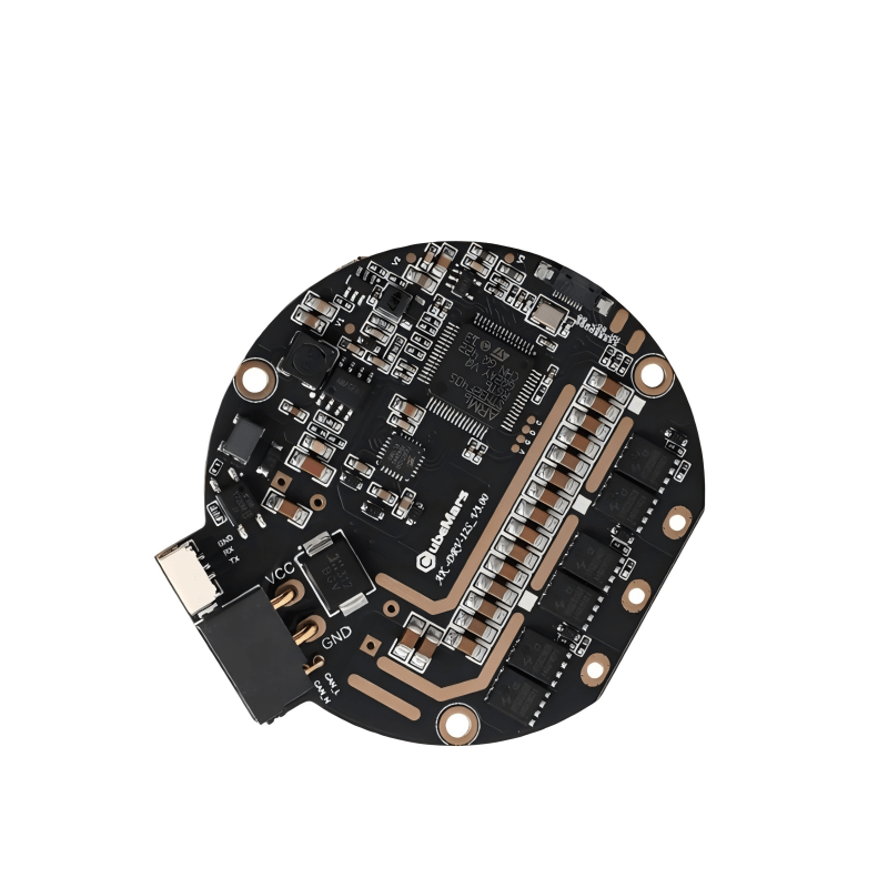 CubeMars Driver Board V3.0 48V motor controller PCB, angled top view showing ICs, mounting holes, and edge connector