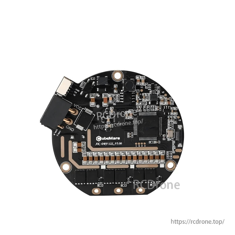 Top-down view of CubeMars driver board PCB with VCC/GND pads, component layout, and mounting holes