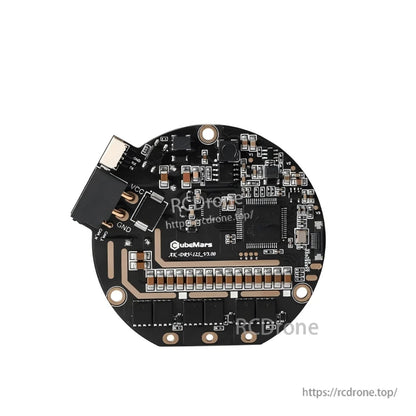 Top-down view of CubeMars driver board PCB with VCC/GND pads, component layout, and mounting holes