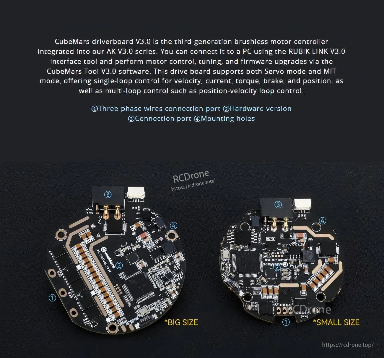 CubeMars Driver Board V3.0 brushless motor controller board, big size and small size versions with labeled ports
