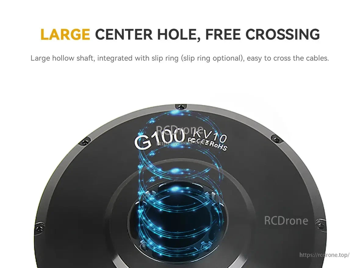 CubeMars G100 KV10 Gimbal Motor features a large center hole for easy cable passage and optional slip ring integration.