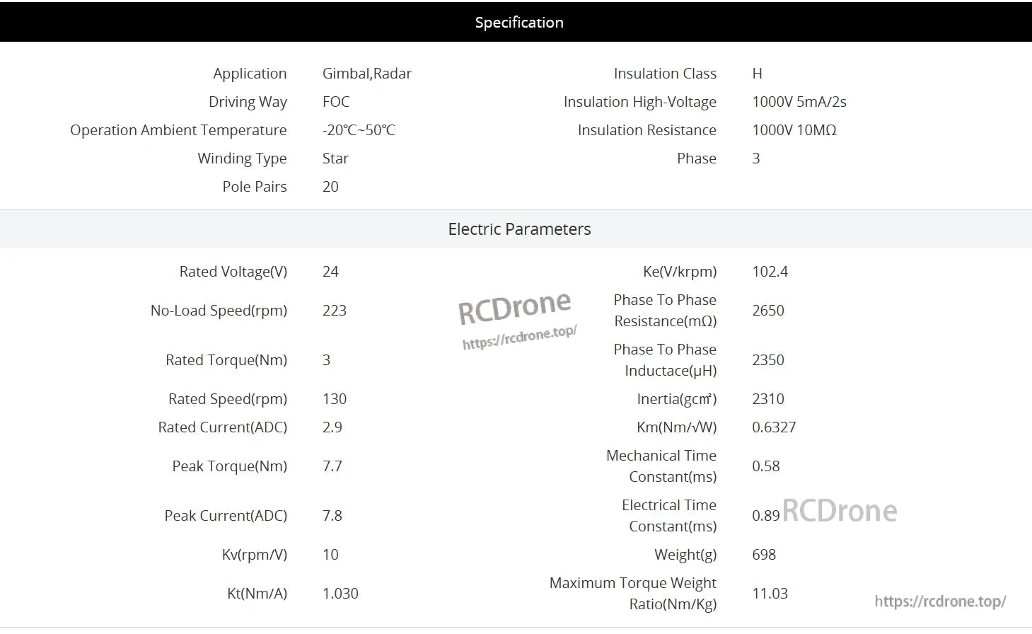CubeMars G100 KV10 Gimbal Motor: 24V, 223 RPM, 3 Nm torque, 130 RPM speed, 2.9 A, 7.7 Nm peak torque, 7.8 A peak current, 10 Kv, 1.030 Kt, 698g, -20°C to 50°C.