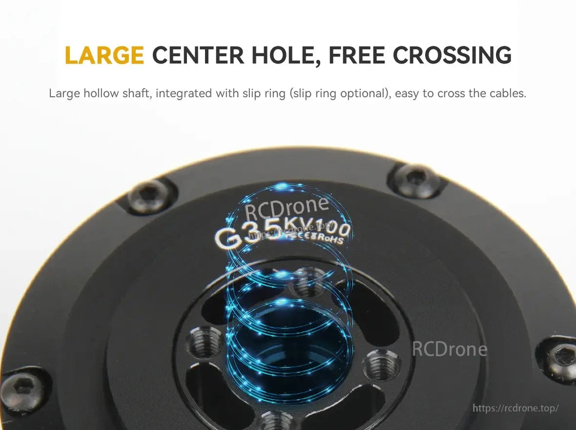 The CubeMars G35 KV100 gimbal motor features a large center hole for easy cable routing and optional slip ring integration.