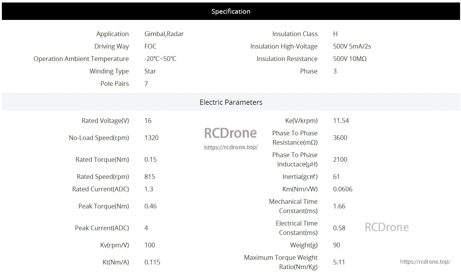 CubeMars G35 KV100 Gimbal Motor: 16V, 815 RPM, 0.15 Nm torque, 1.3 ADC current, 7 pole pairs, operates -20°C to 50°C, 90g, 5.11 Nm/Kg ratio, FOC, star winding.