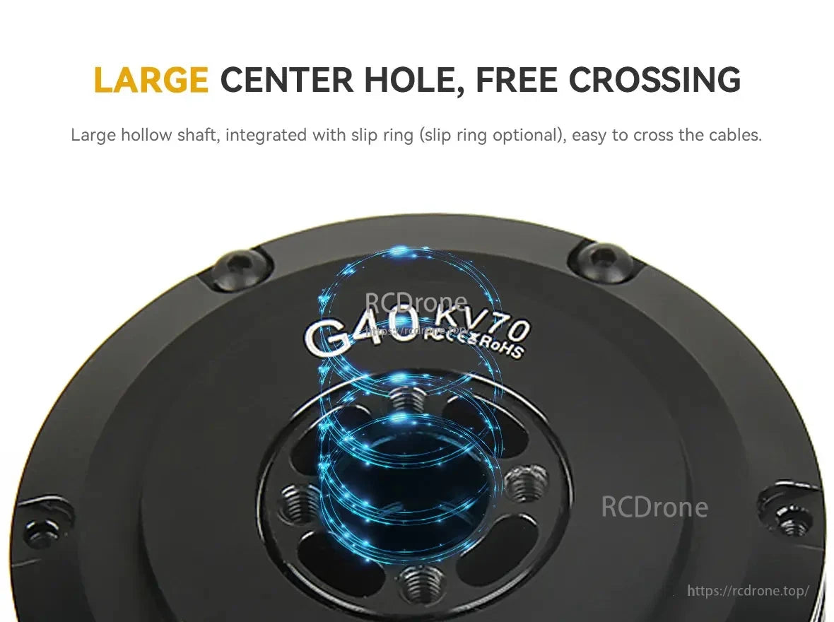 CubeMars G40 KV70 KV210 Gimbal Motor, The CubeMars G40 KV70 motor features a large center hole for easy cable routing and optional slip ring integration.