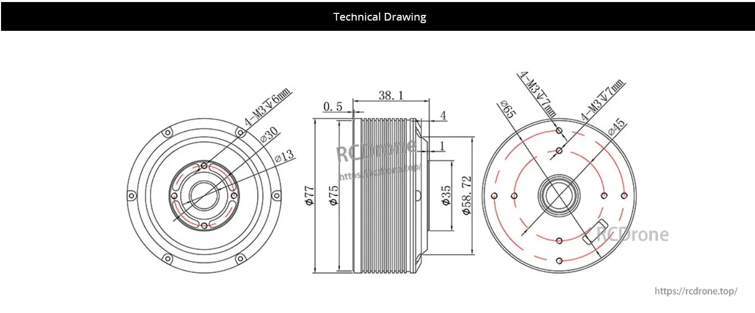 CubeMars G60 KV25 KV55 Gimbal Motor, Gimbal motor dimensions and specs detailed.