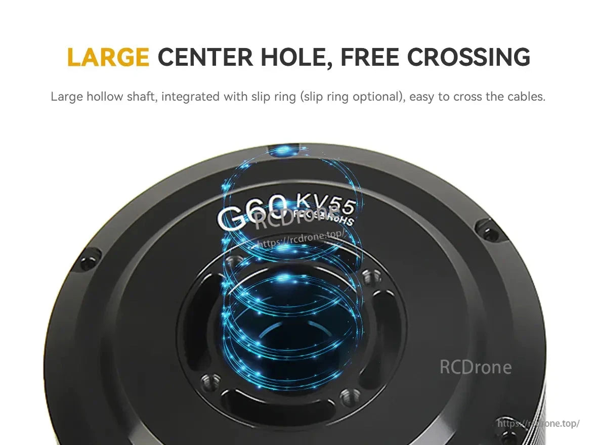 CubeMars G60 KV25 KV55 Gimbal Motor, CubeMars G60 KV55 Gimbal Motor features a large center hole for cables and optional slip ring integration.