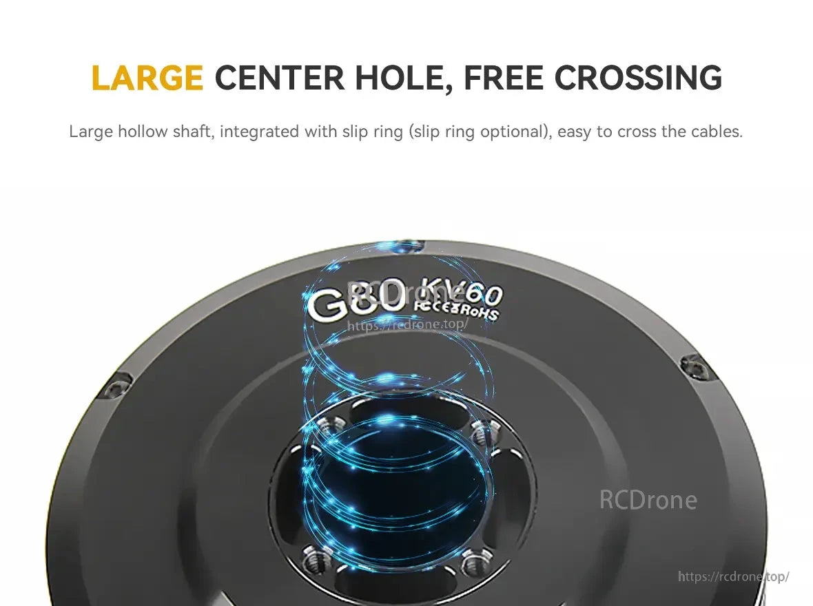 CubeMars G80 KV30 KV60 Gimbal Motor, The G80 KV60 Gimbal Motor features a large center hole and integrated slip ring for convenient cable routing.