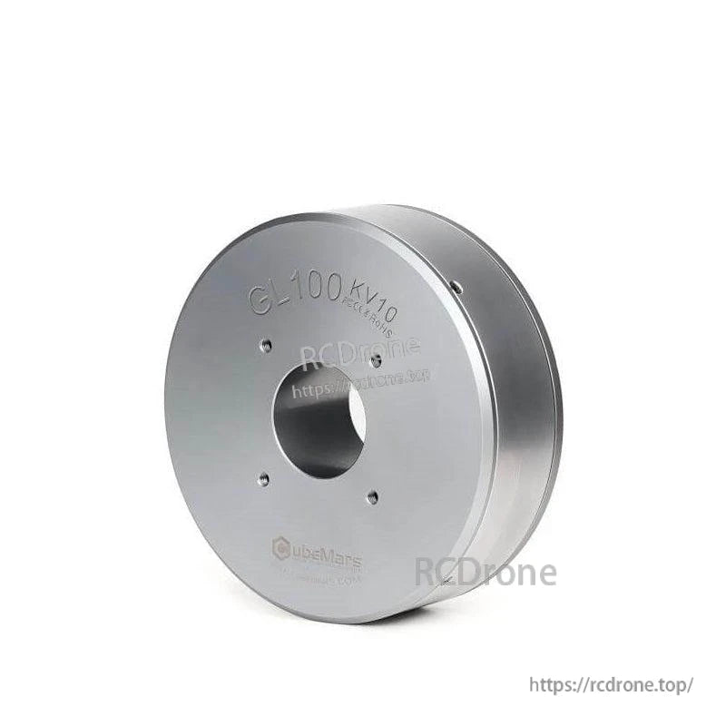 Angled side view of GL100 motor housing with hollow center bore and countersunk mounting holes