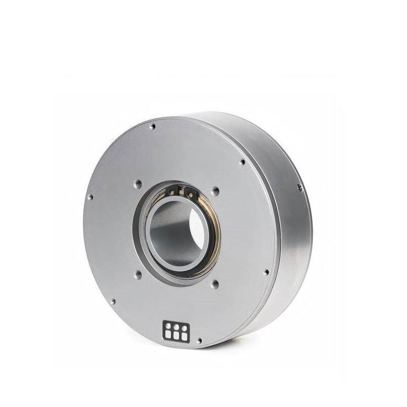 CubeMars GL100 motor rear view showing large bearing ring, hollow shaft opening, and mounting bolt pattern