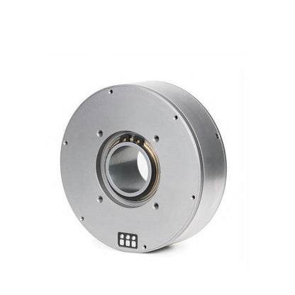 CubeMars GL100 motor rear view showing large bearing ring, hollow shaft opening, and mounting bolt pattern