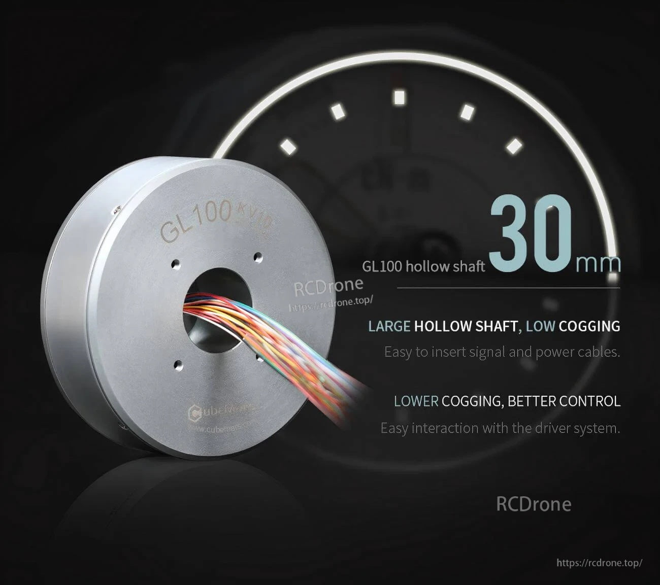 CubeMars GL100 motor with 30mm hollow shaft routing signal and power cables through the center bore