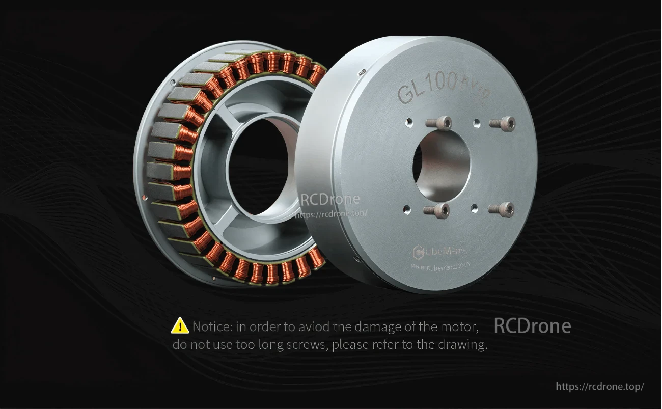 CubeMars GL100 motor assembly view with mounting screws and hollow center bore; screw length caution noted