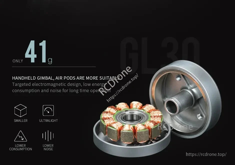 CubeMars GL30 KV290 Brushless Gimbal Motor: lightweight (41g), compact, low power, quiet, ideal for handheld gimbals and air pods.