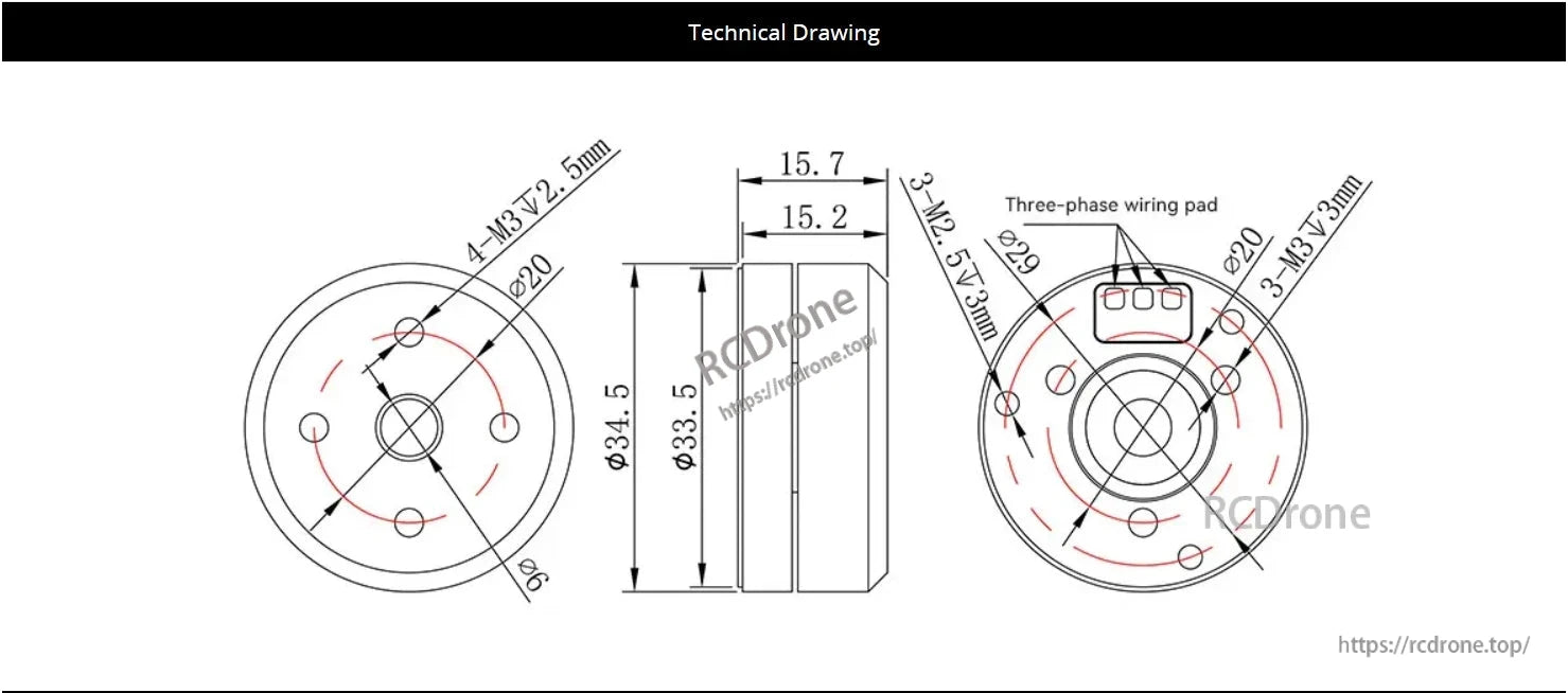 Technical drawing of CubeMars GL30 KV290 brushless gimbal motor, including dimensions, mounting holes, and three-phase wiring pad specifications.